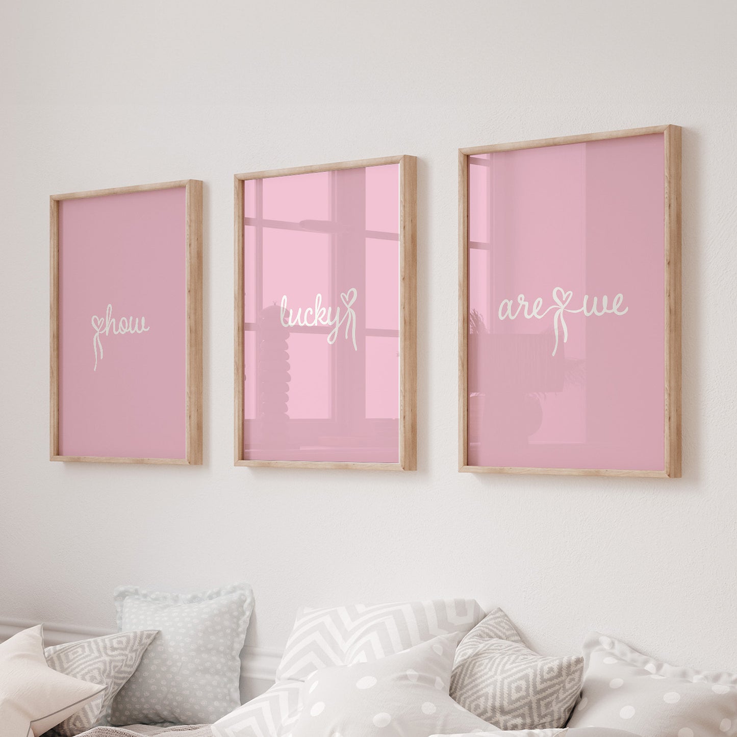 Set of 3 aesthetic pink posters with cursive text reading “How Lucky Are We” in white. Digital download wall art for a stylish gallery setup. 