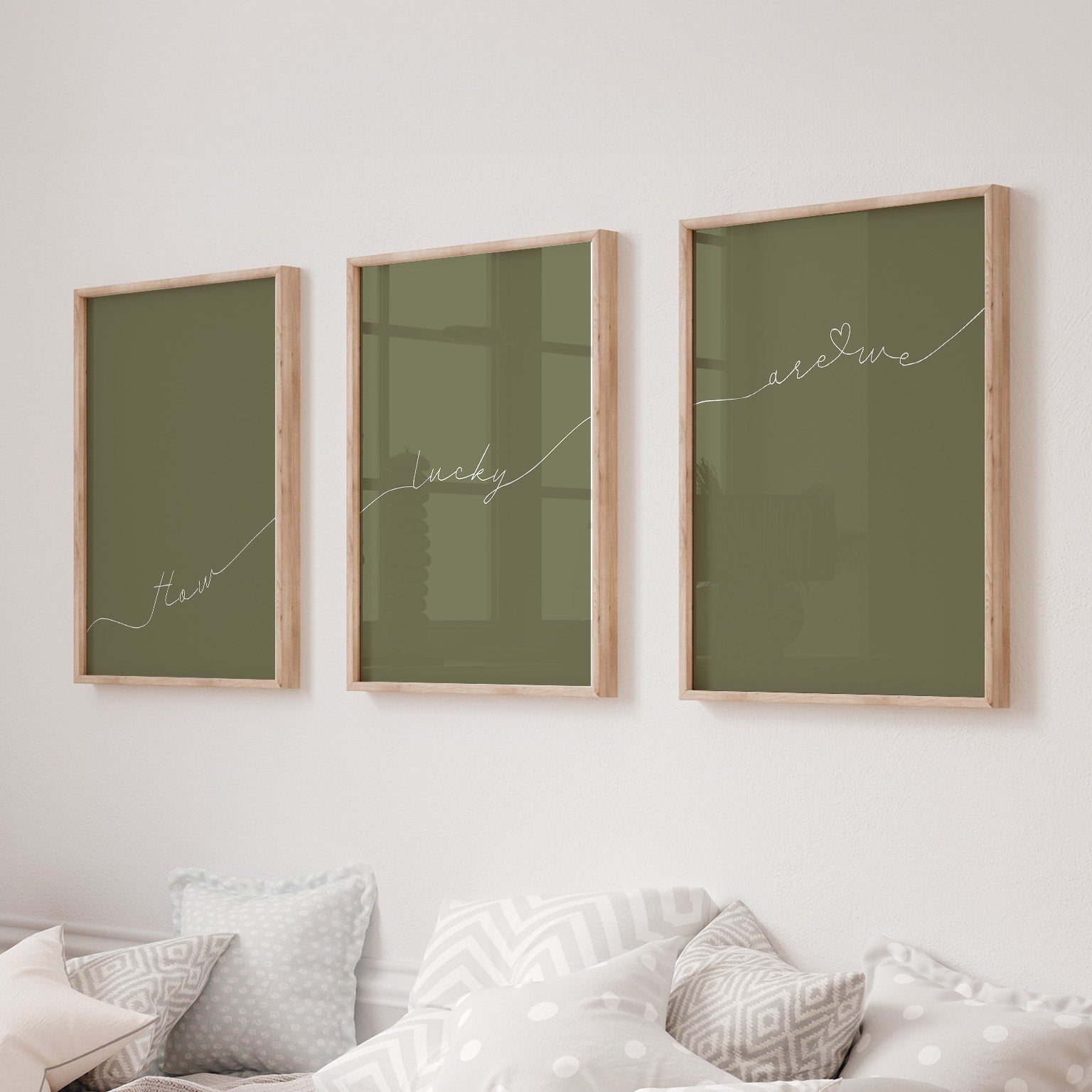 Set of 3 preppy aesthetic sage green posters with cursive text “How Lucky Are We” in white. Perfect for motivational gallery walls or above-the-bed decor.  