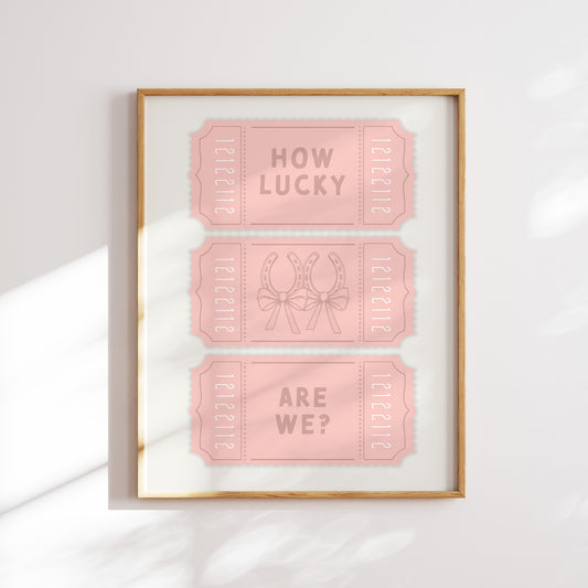 Trendy printable baby pink wall art poster featuring a slogan 'How Lucky Are We?  digital download poster. Instantly download, print, and brighten up your home with this unique wall art. 
Shop cool wall art by WonkyWonder now.