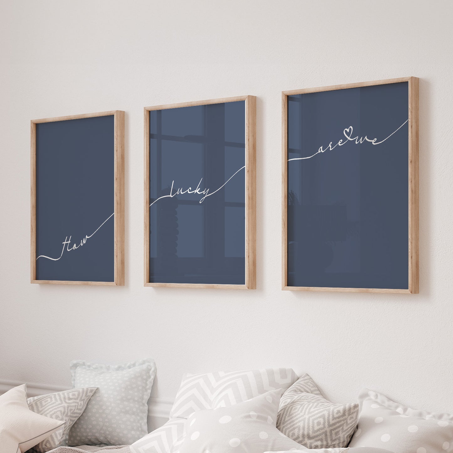 Set of 3 preppy aesthetic navy blue posters with cursive text “How Lucky Are We” in white. Perfect for motivational gallery walls or above-the-bed decor.  