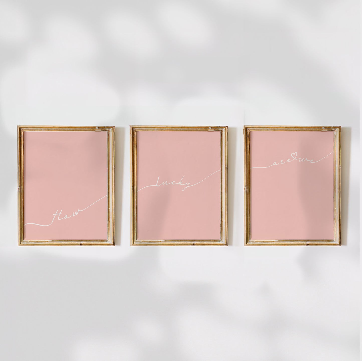 Set of 3 preppy aesthetic fuzzy cream pink posters with cursive text “How Lucky Are We” in white. Perfect for motivational gallery walls or above-the-bed decor.  