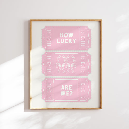 Trendy printable baby pink wall art poster featuring a slogan 'How Lucky Are We?  digital download poster. Instantly download, print, and brighten up your home with this unique wall art. 
Shop cool wall art by WonkyWonder now.