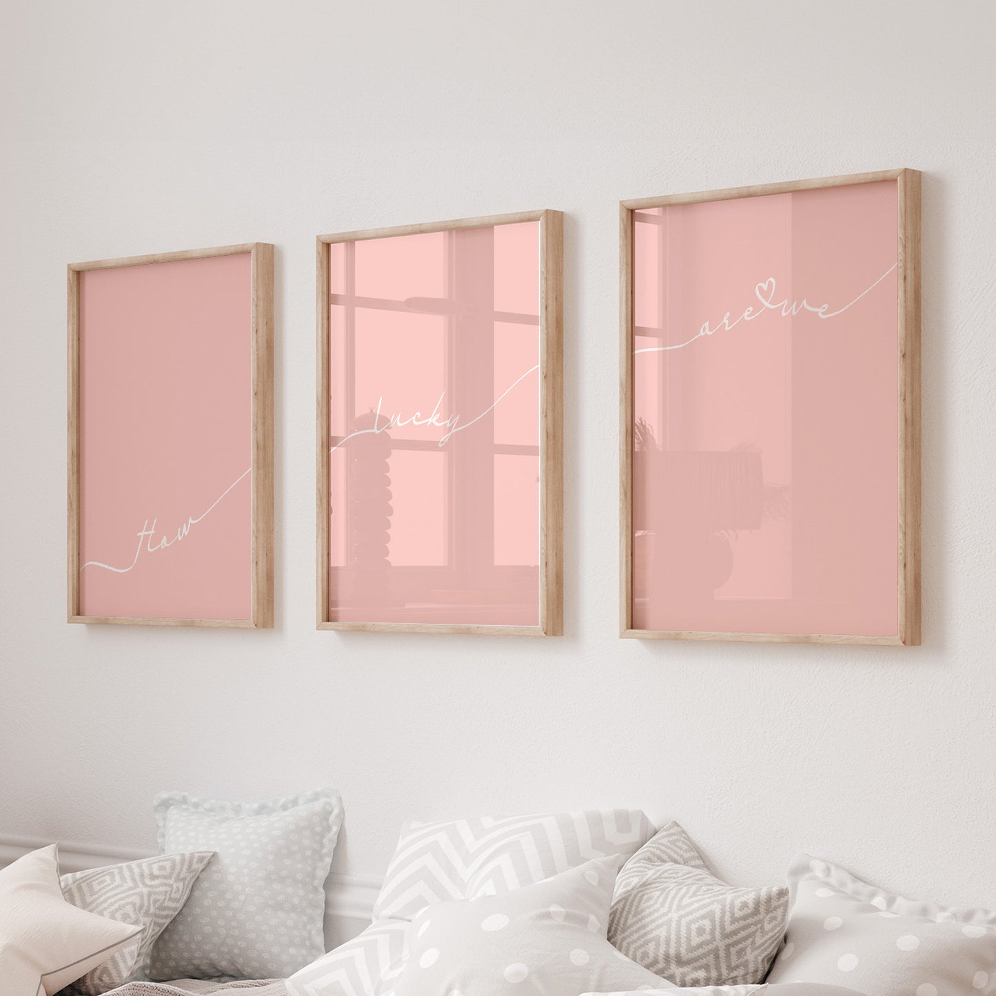 Set of 3 preppy aesthetic fuzzy cream pink posters with cursive text “How Lucky Are We” in white. Perfect for motivational gallery walls or above-the-bed decor.  