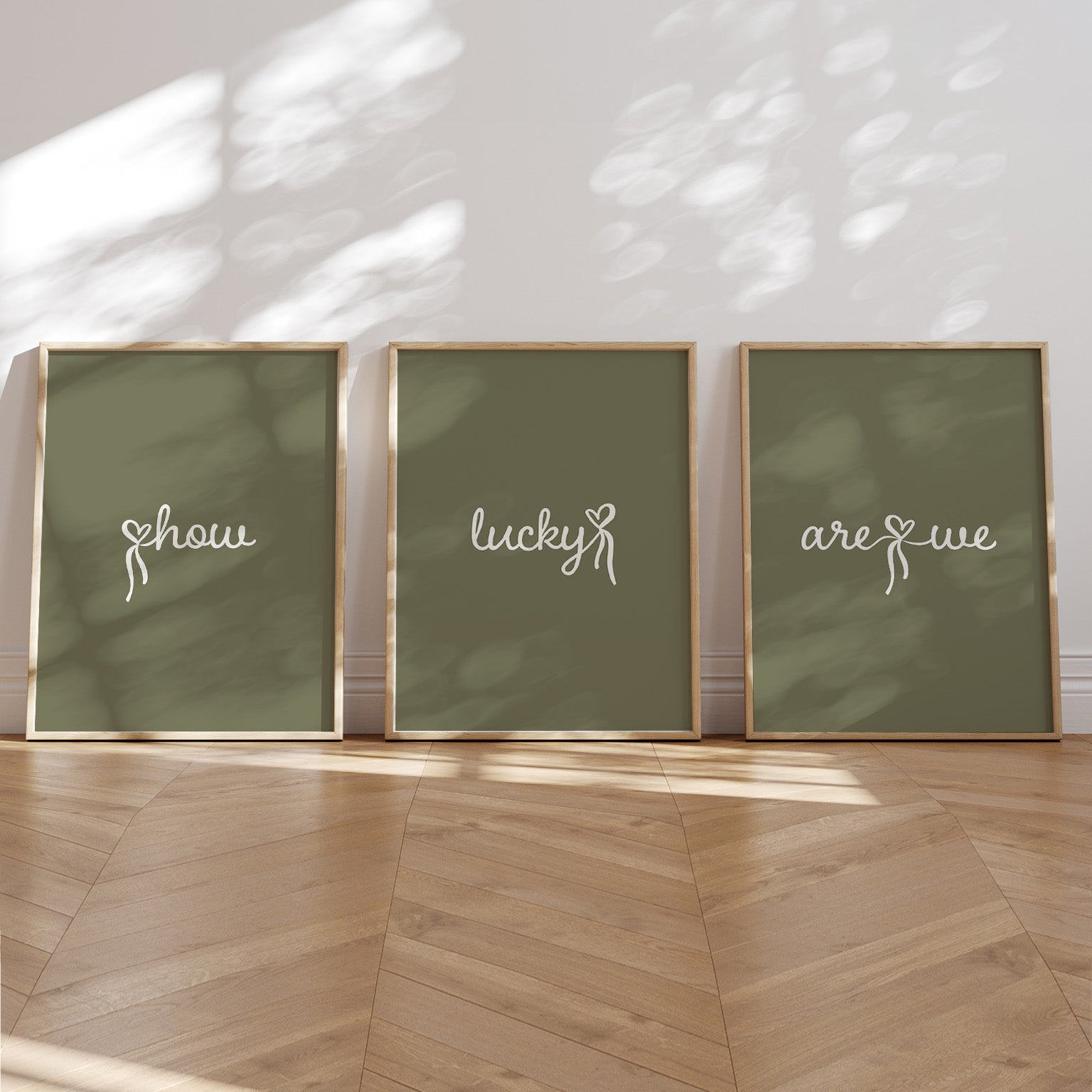 Set of 3 aesthetic pink posters with cursive text reading “How Lucky Are We” in white. Digital download wall art for a stylish gallery setup. 