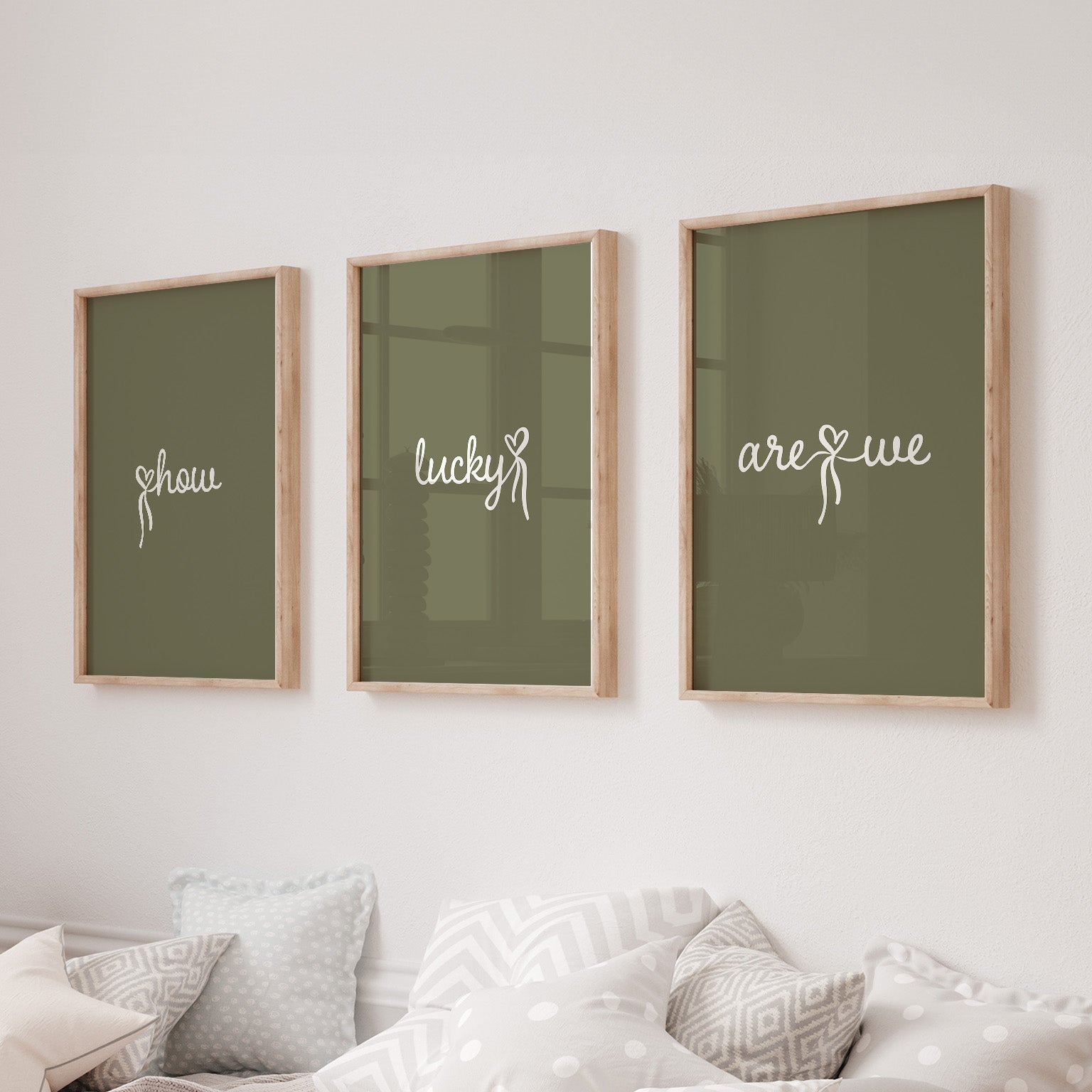 Set of 3 aesthetic pink posters with cursive text reading “How Lucky Are We” in white. Digital download wall art for a stylish gallery setup. 