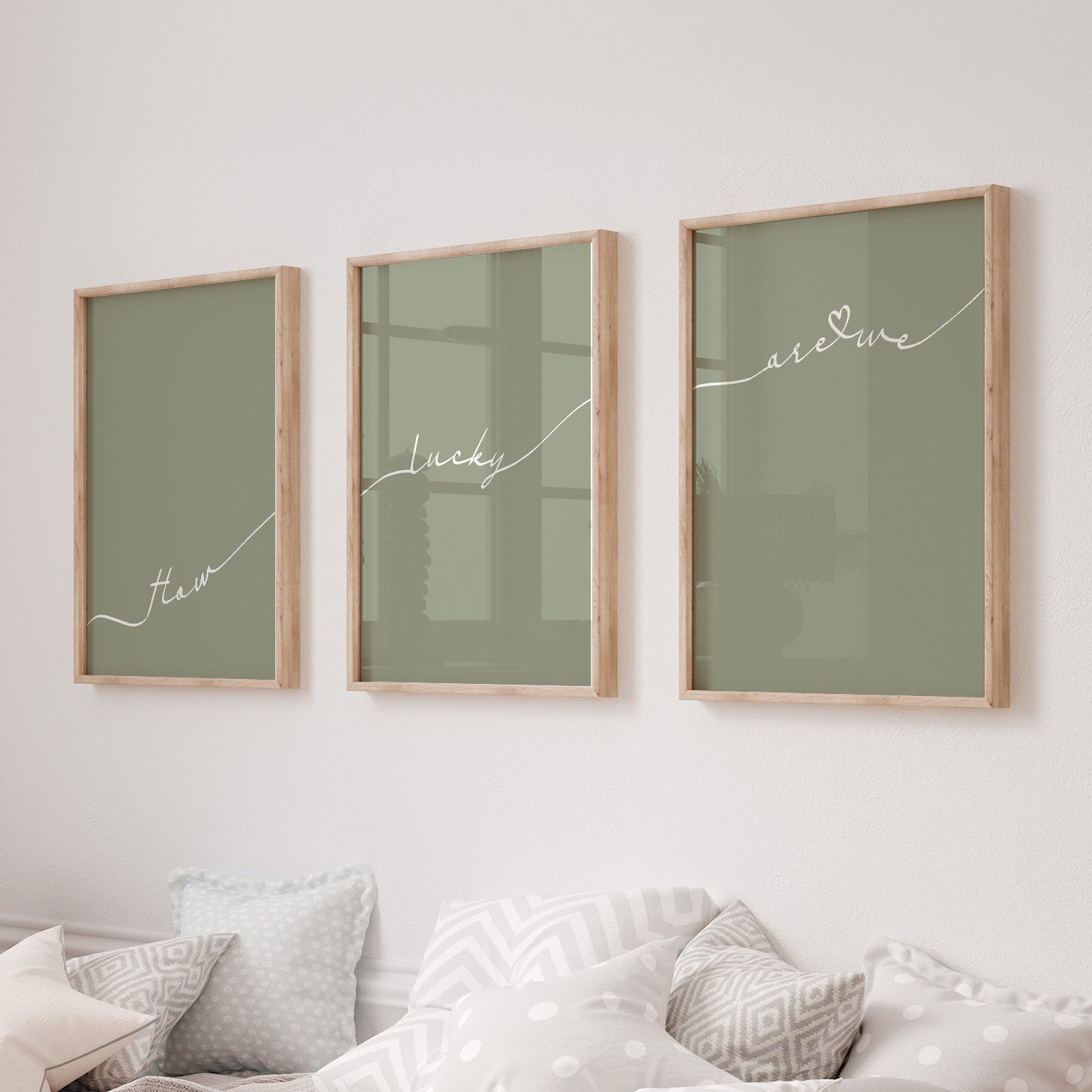 Set of 3 preppy aesthetic sage green posters with cursive text “How Lucky Are We” in white. Perfect for motivational gallery walls or above-the-bed decor.  